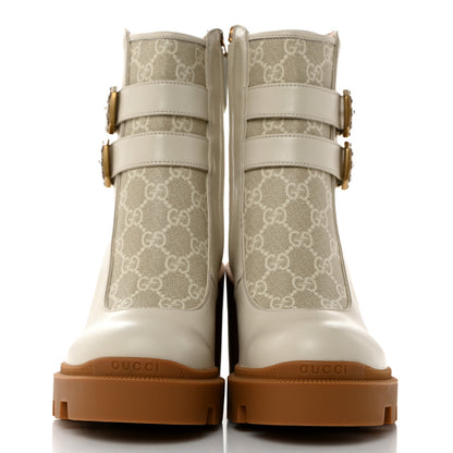Gucci Kensington Calfskin Nappa GG Supreme Monogram Womens Double Buckle Ankle Boots 38 Mystic White Beige 2 of 9