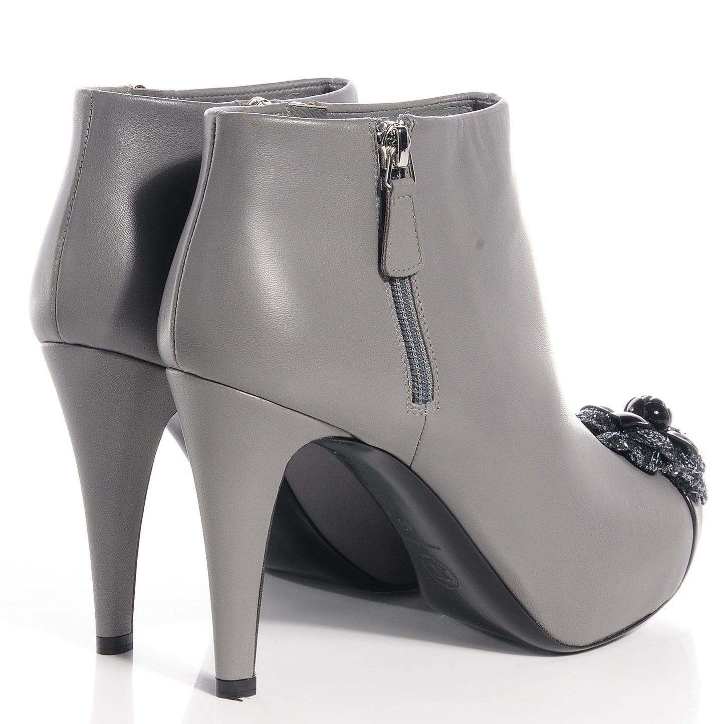 Leather Cap Toe Camellia Boots 40 Grey Black