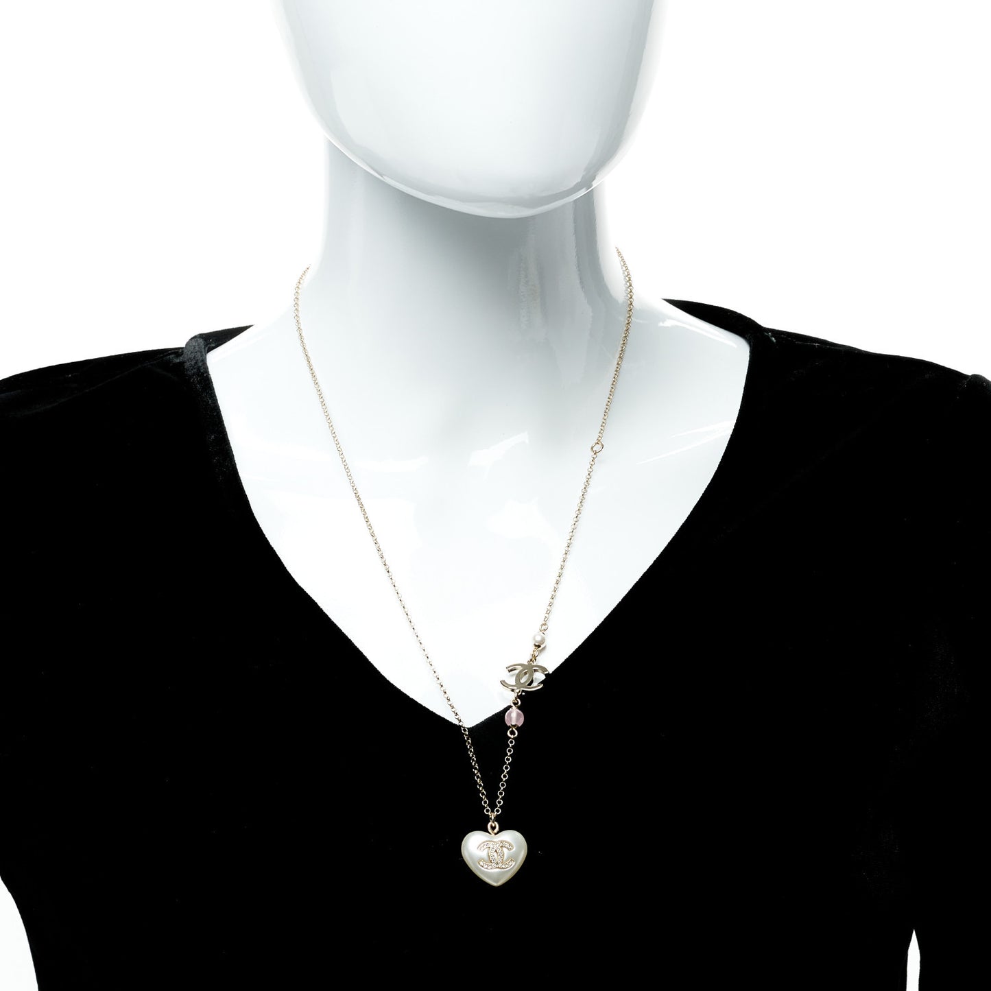 Resin Crystal CC Heart Necklace Pearly White Gold