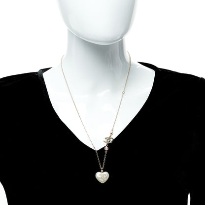 Chanel Resin Crystal CC Heart Necklace Pearly White Gold 1 of 5