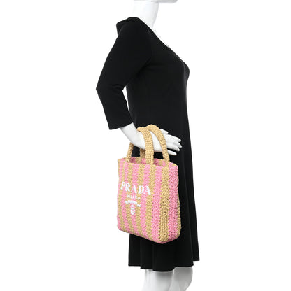Prada Yarn Raffia Effect Crochet Striped Small Logo Tote Naturale Petalo 2 of 10