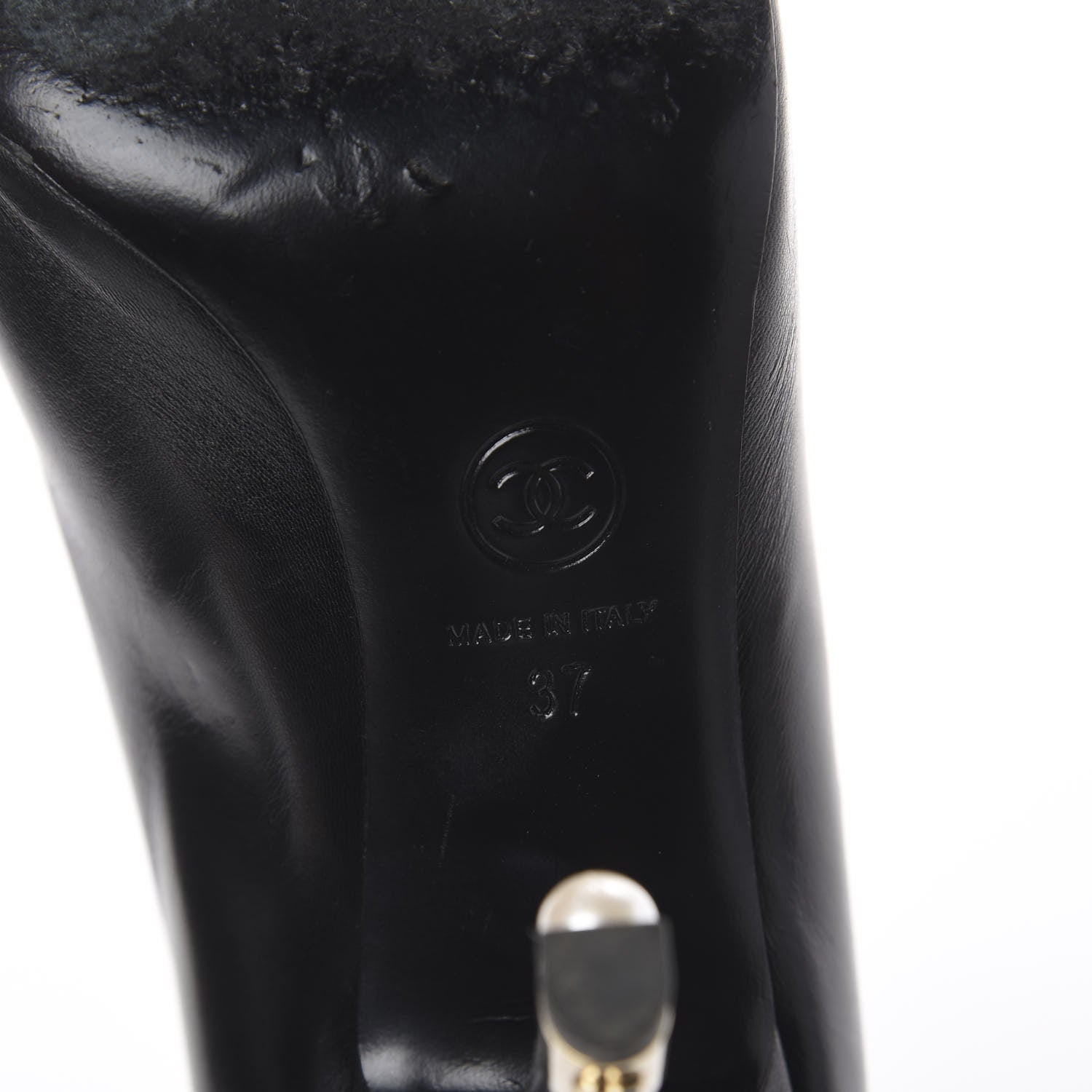 Chanel Lambskin Pearl Peep Toe Pumps 37 Black 6 of 7