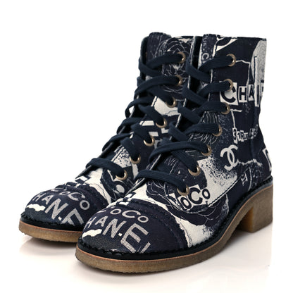 Chanel Printed CC Canvas 31 Rue Cambon Lace Up Combat Boots 37.5 Navy White 3 of 9