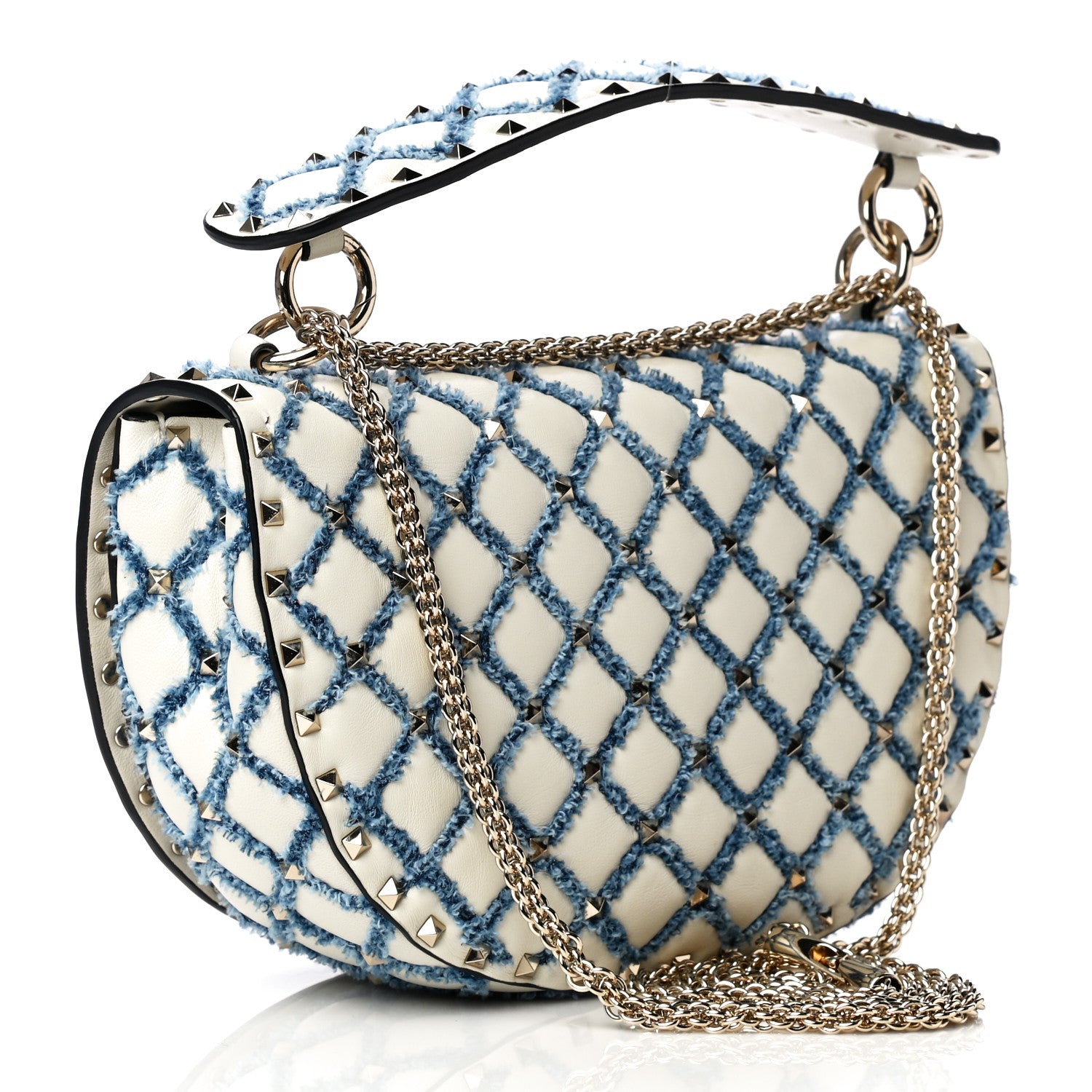 Valentino Garavani Nappa Denim Medium Rockstud Spike Halfmoon Saddle Bag Ivory Blue 4 of 14