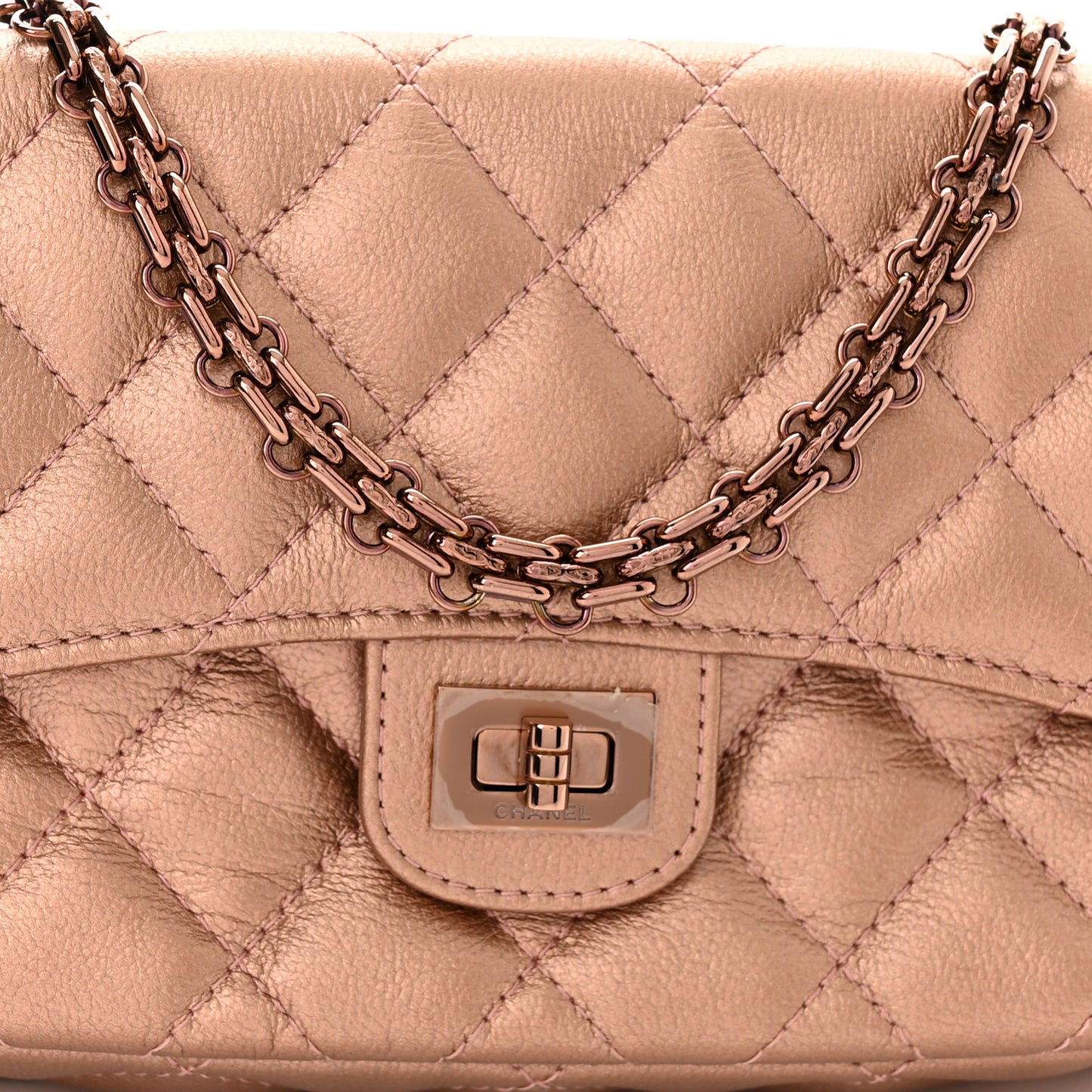 Metallic Grained Calfskin Quilted 2.55 Reissue Phone Holder With Chain Copper