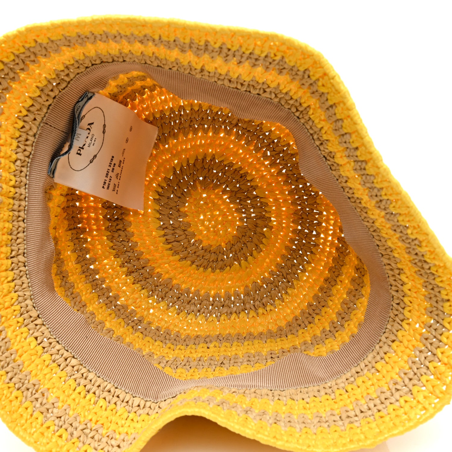 Prada Raffia Striped Logo Embroidered Womens Bucket Hat M Naturale Giallo 7 of 8