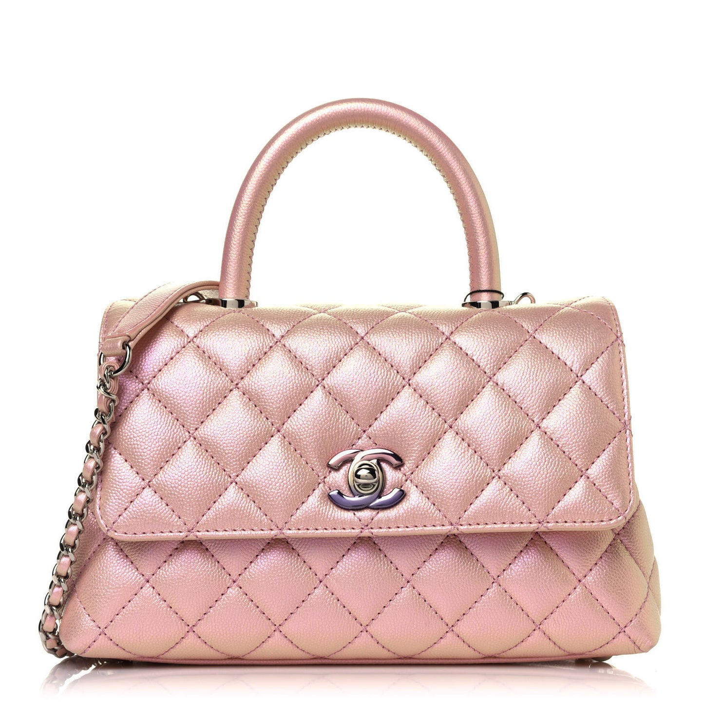 Iridescent Caviar Quilted Mini Coco Handle Flap Pink