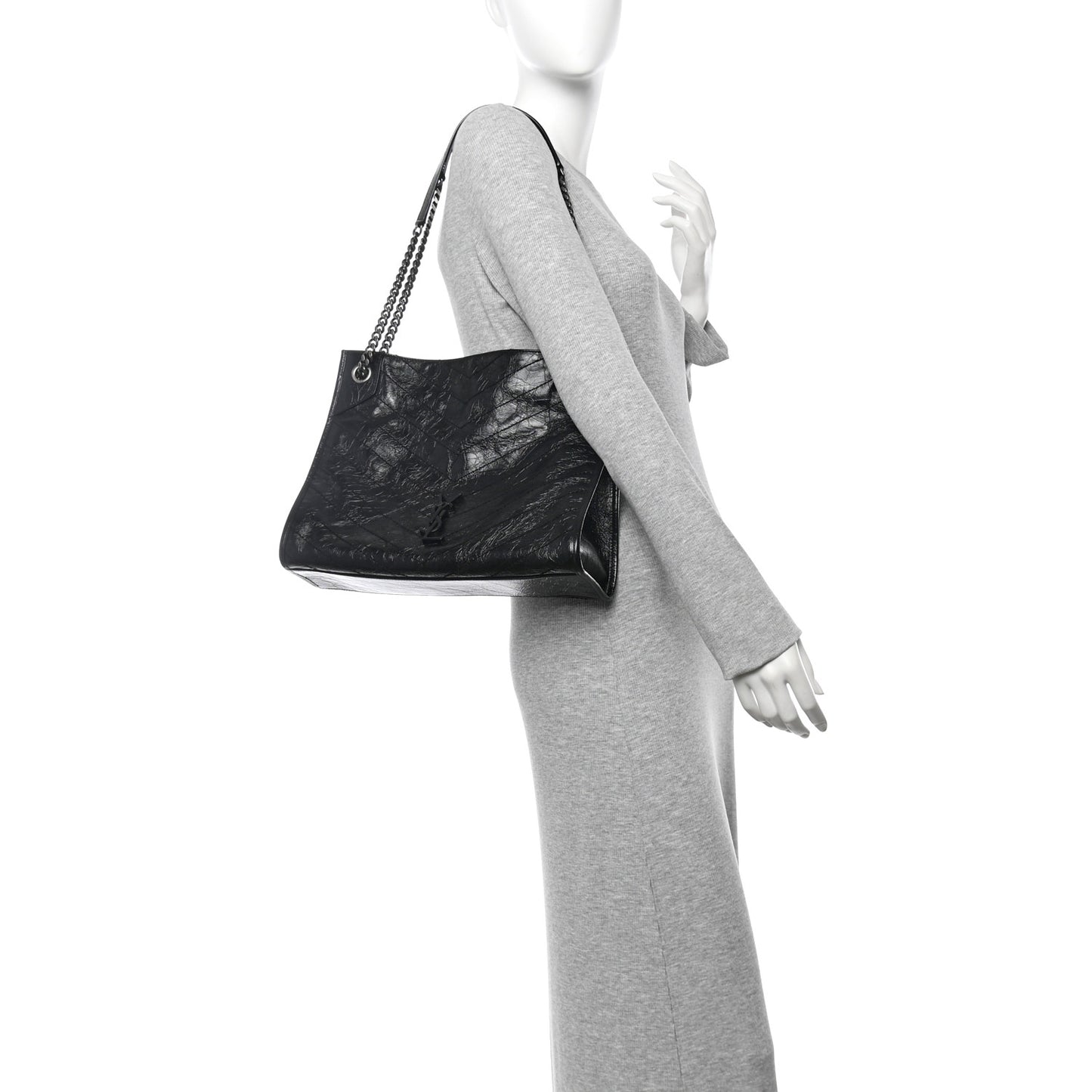 Crinkled Calfskin Matelasse Monogram Medium Niki Shopper Tote Black
