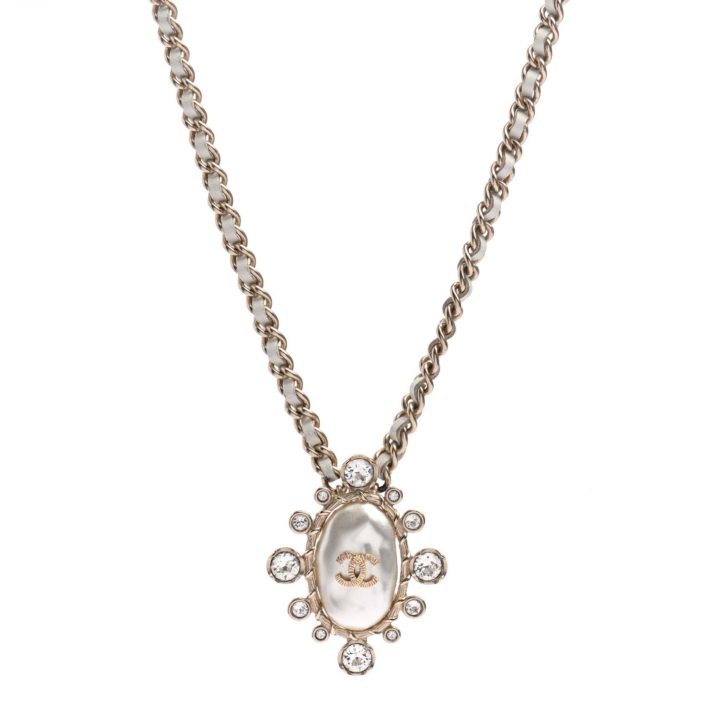 Lambskin Pearl Crystal CC Pendant Necklace Gold