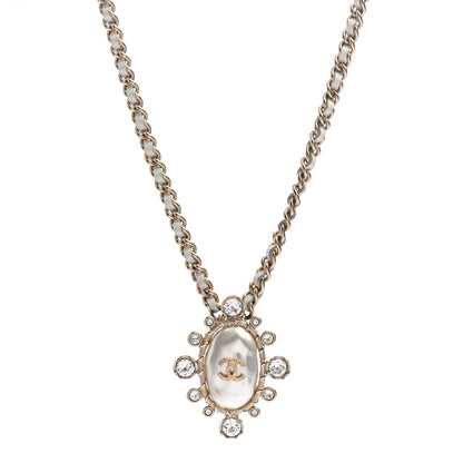 Chanel Lambskin Pearl Crystal CC Pendant Necklace Gold 1 of 5