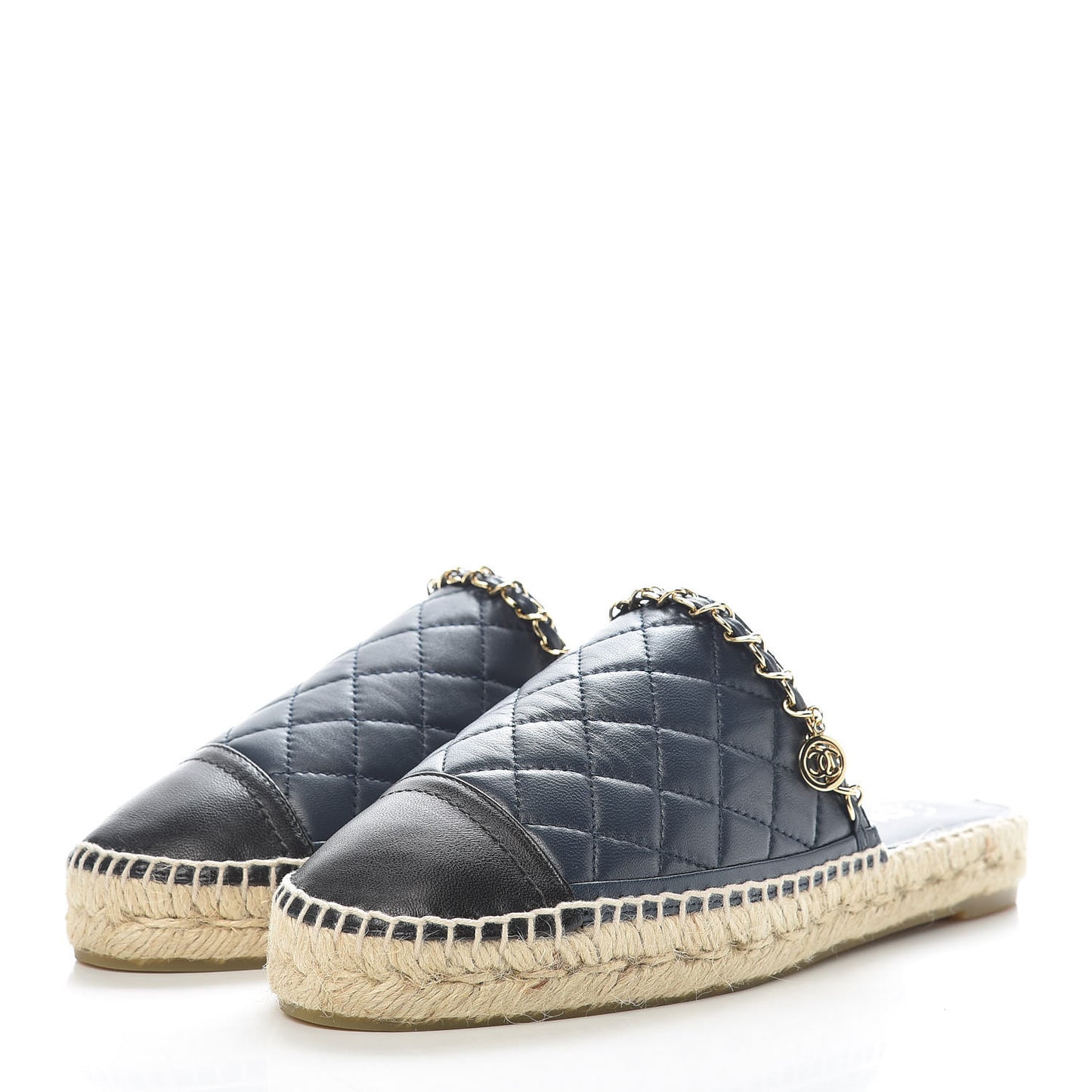 Lambskin Grosgrain Quilted CC Chain Espadrille Mules 39 Black Navy