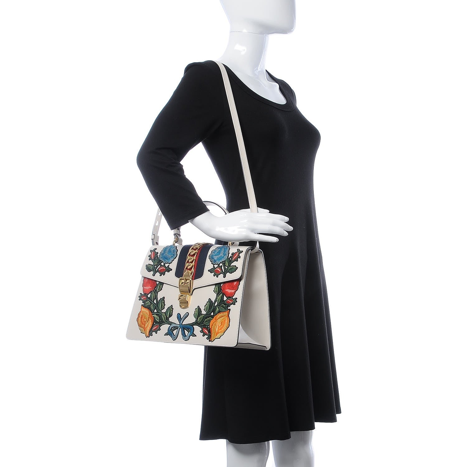 Gucci Calfskin Embroidered Medium Sylvie Top Handle Bag White 2 of 8