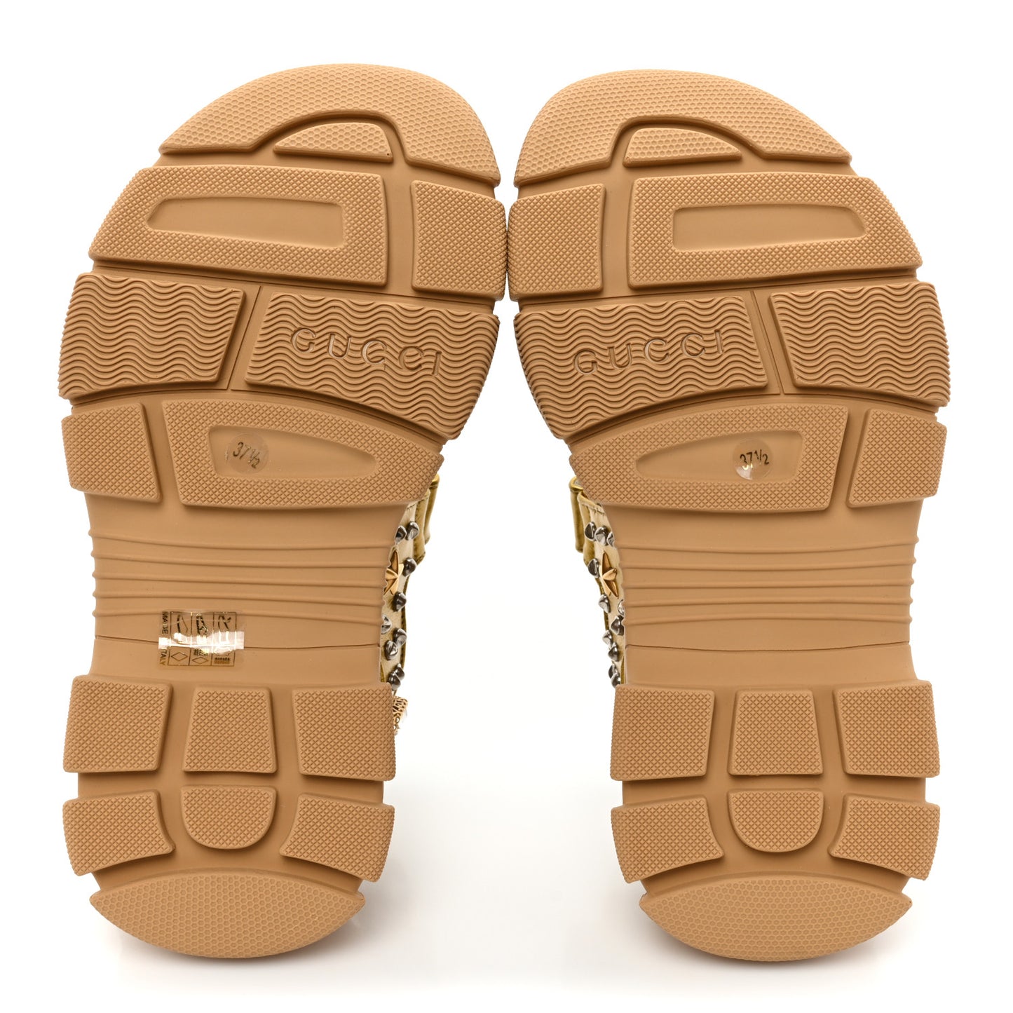 Silk Calfskin Mesh Crystal Embellished Studded Womens Aguru Sandals 37.5 Gold