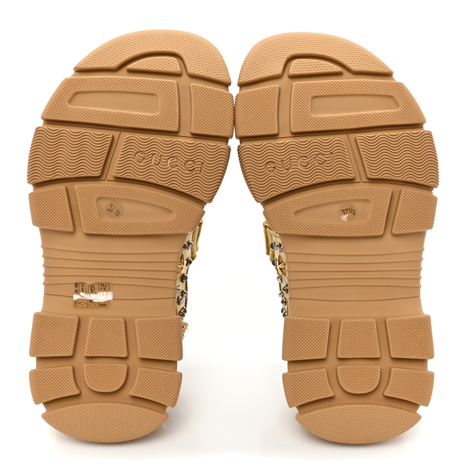 Gucci Silk Calfskin Mesh Crystal Embellished Studded Womens Aguru Sandals 37.5 Gold 6 of 9