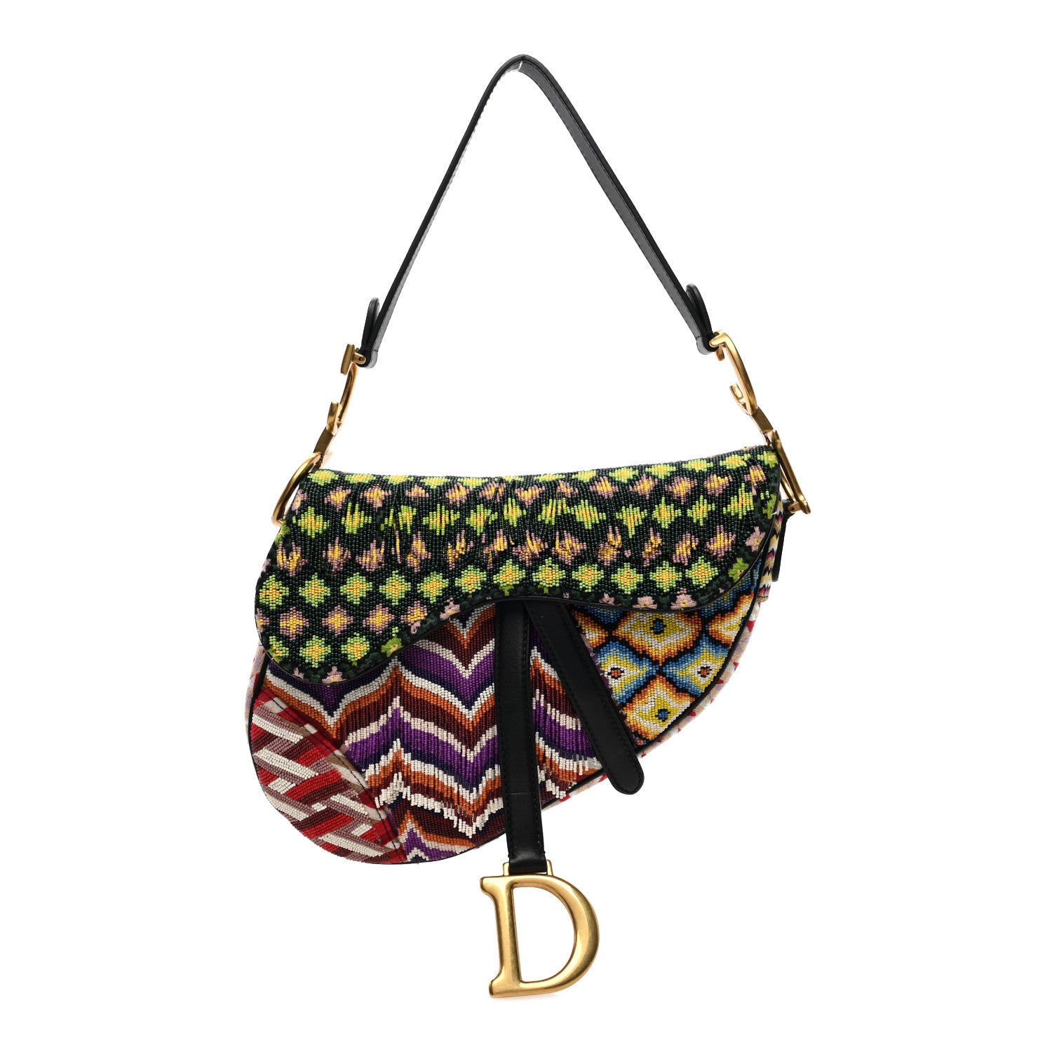 Christian Dior Embroidered Fringe Beaded Medium Saddle Bag Green Multicolor 1 of 10