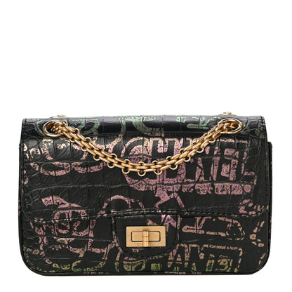 Chanel Calfskin Crocodile Embossed Graffiti 2.55 Mini Cocodile Reissue Flap Black Pink 1 of 20