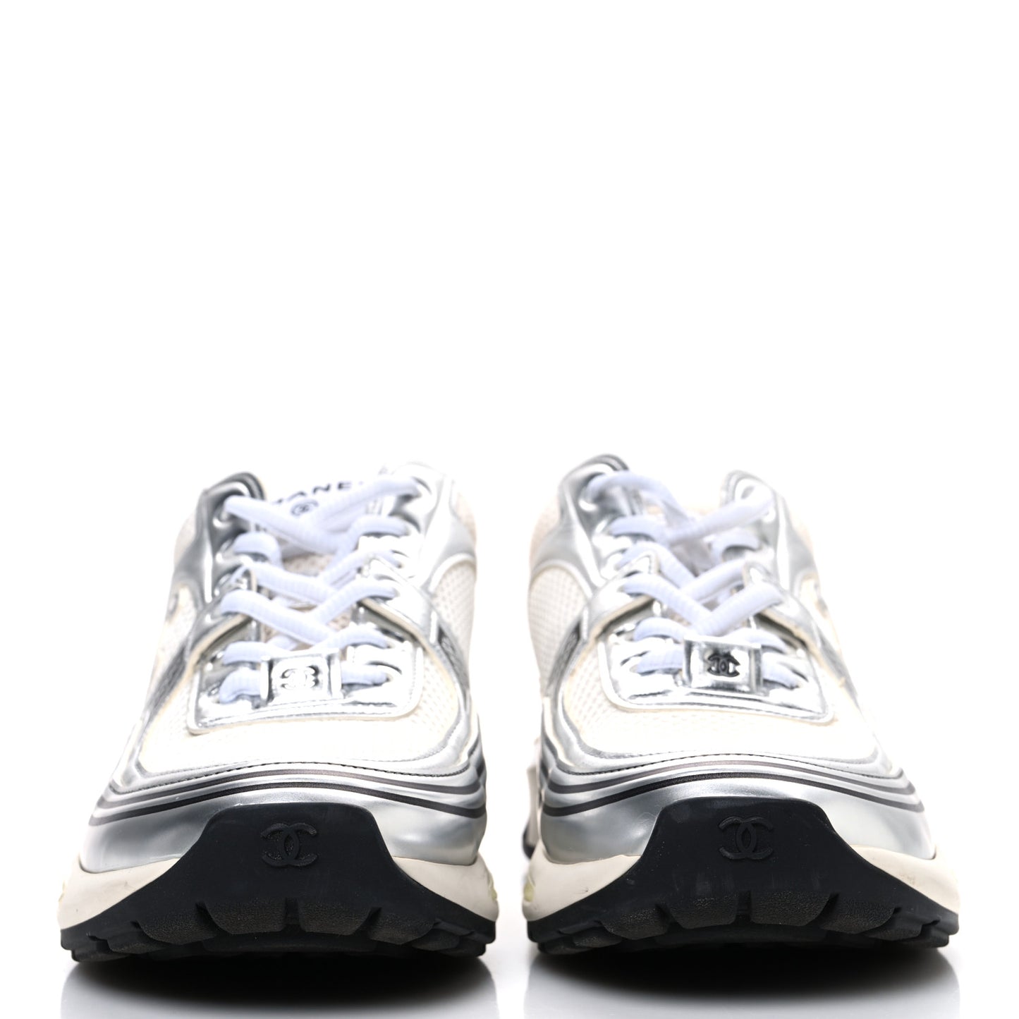 Fabric Laminated Calfskin Stretch CC Womens Sneakers 40 White Silver