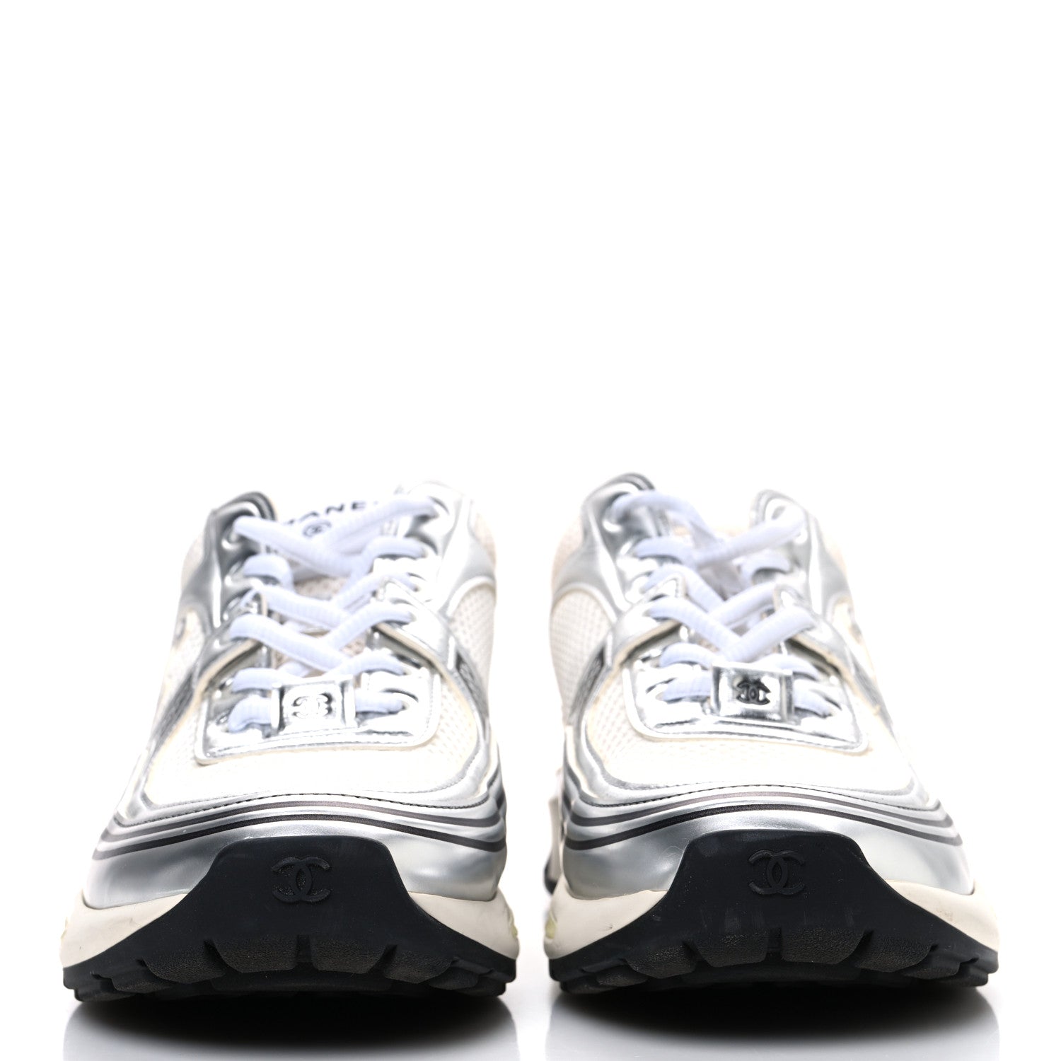 Chanel Fabric Laminated Calfskin Stretch CC Womens Sneakers 40 White Silver 3 of 11