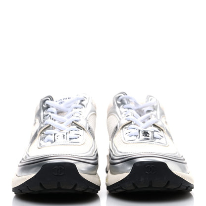 Chanel Fabric Laminated Calfskin Stretch CC Womens Sneakers 40 White Silver 3 of 11