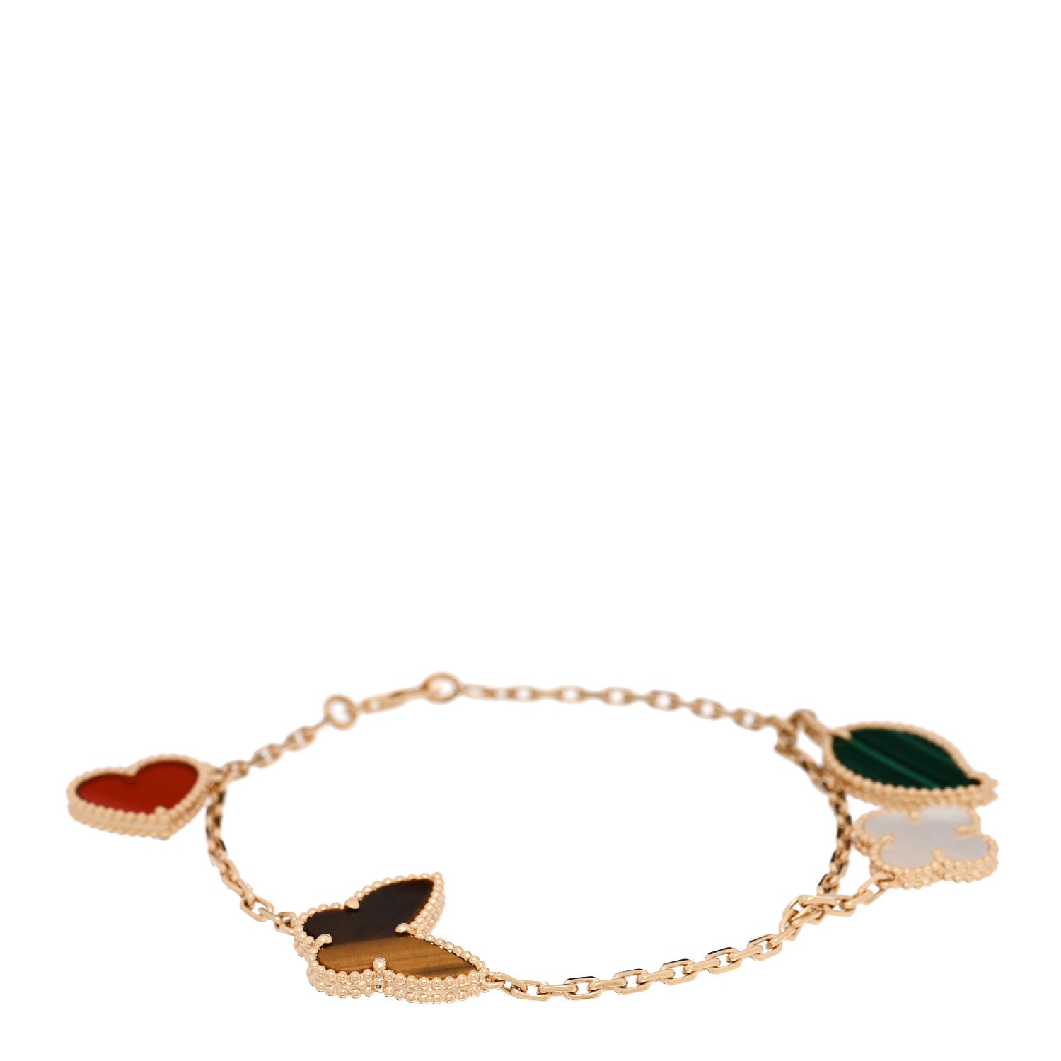 Van Cleef & Arpels 18K Yellow Gold Mother of Pearl Malachite Carnelian Tiger Eye 4 Motifs Lucky Alhambra Bracelet 1 of 3