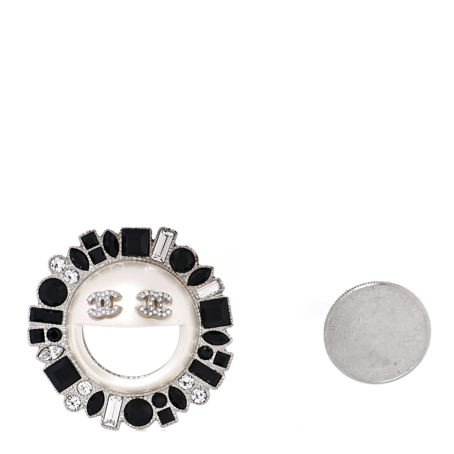 Crystal CC Smiley Emoji Brooch Silver