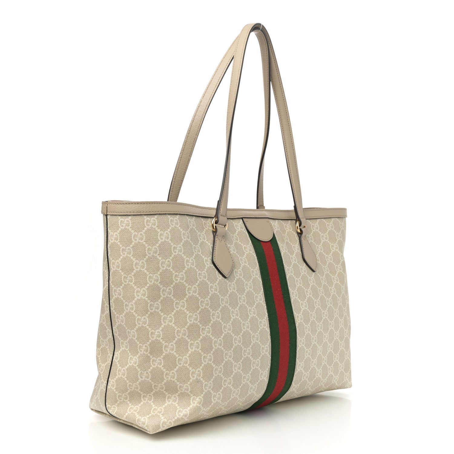 Gucci GG Supreme Monogram Textured Dollar Calfskin Web Large Ophidia Shopping Tote Beige Mystic White Oatmeal 3 of 13