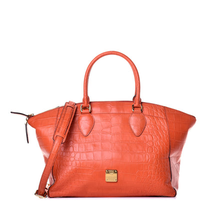MCM Calfskin Crocodile Embossed Tote Orange 1 of 9