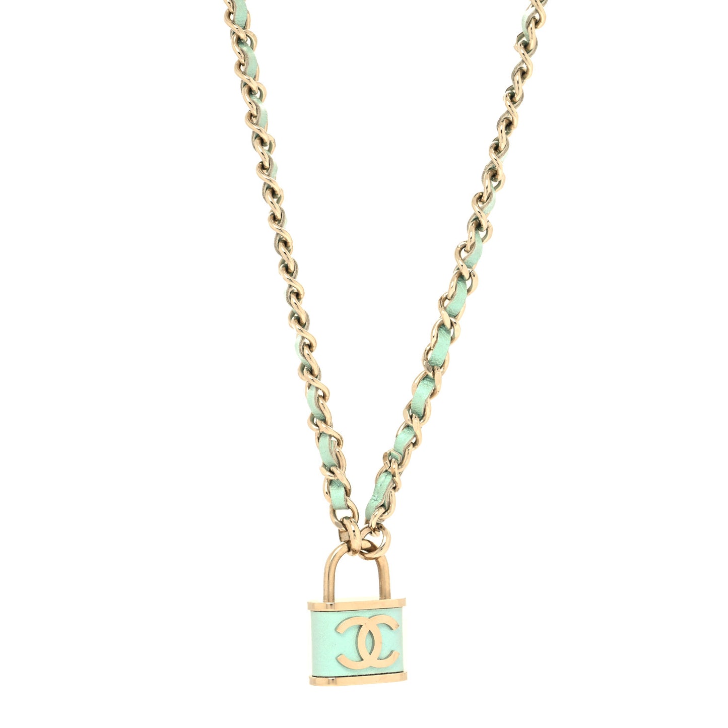 Calfskin Metal Padlock Necklace Gold Iridescent Blue