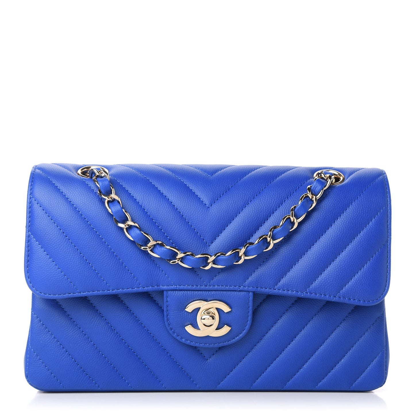 Caviar Chevron Quilted Small Double Flap Blue
