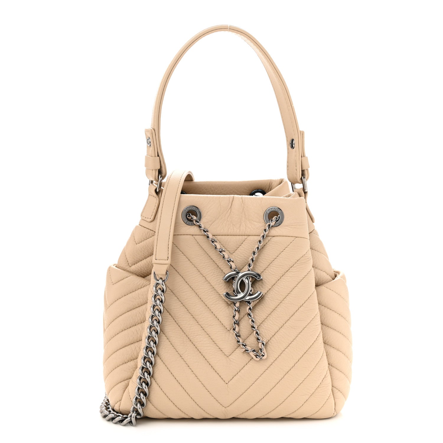 Chanel Deerskin Chevron Small CC Chain Bucket Bag Beige 1 of 10