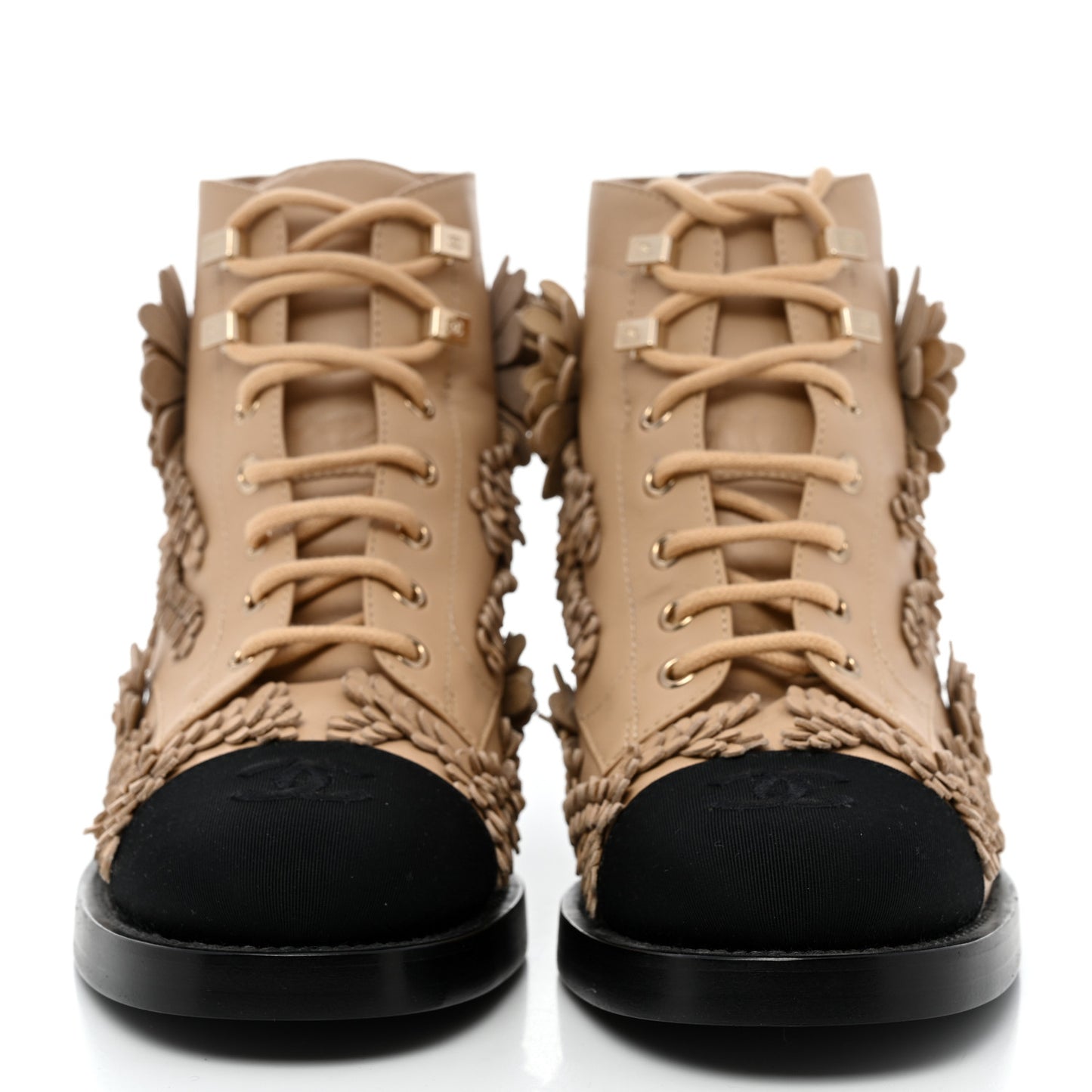 Embroidered Lambskin Grosgrain Lace Up Boots 38 Beige Black