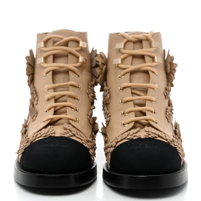 Chanel Embroidered Lambskin Grosgrain Lace Up Boots 38 Beige Black 2 of 8