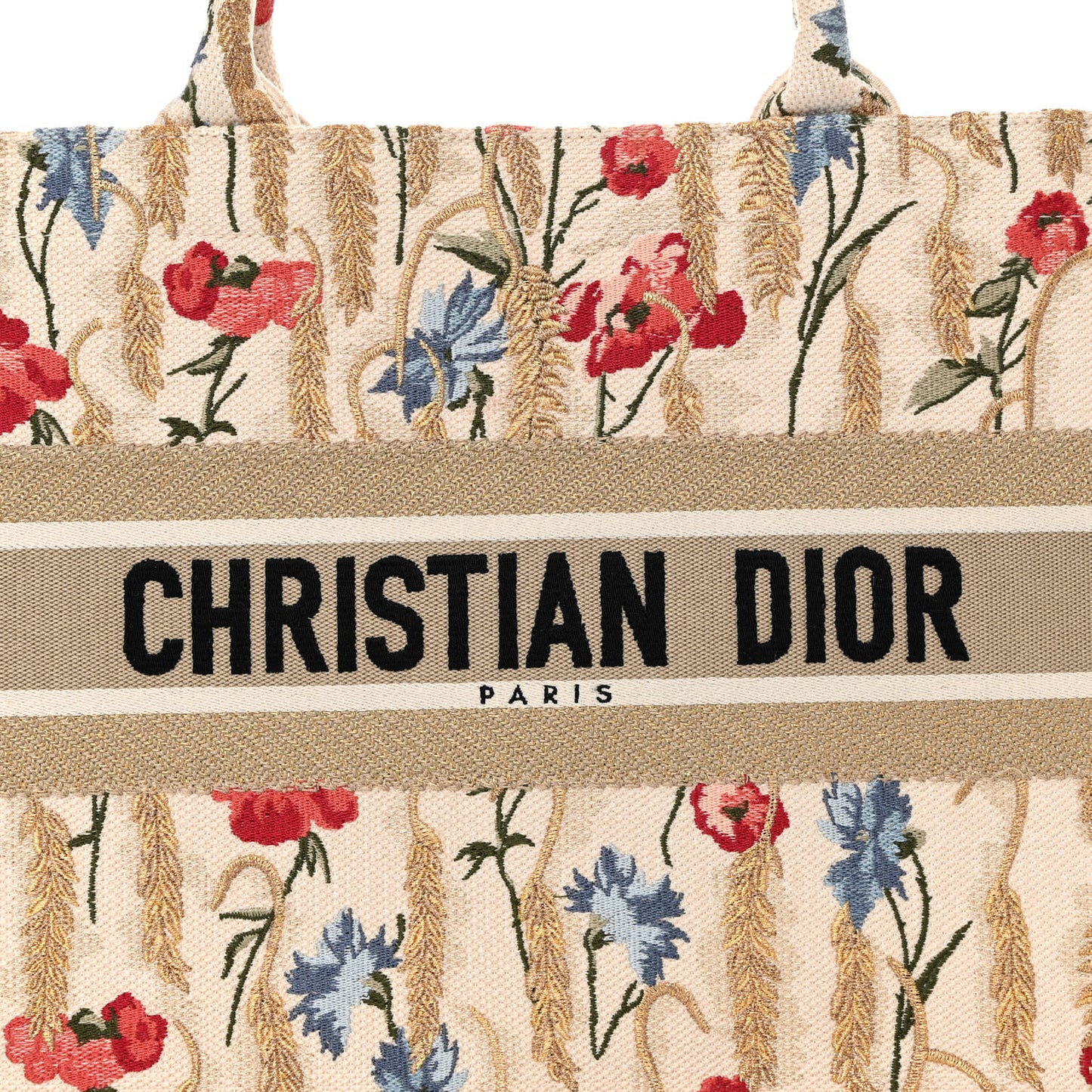 Canvas Embroidered Medium Hibiscus Book Tote Beige Multicolor
