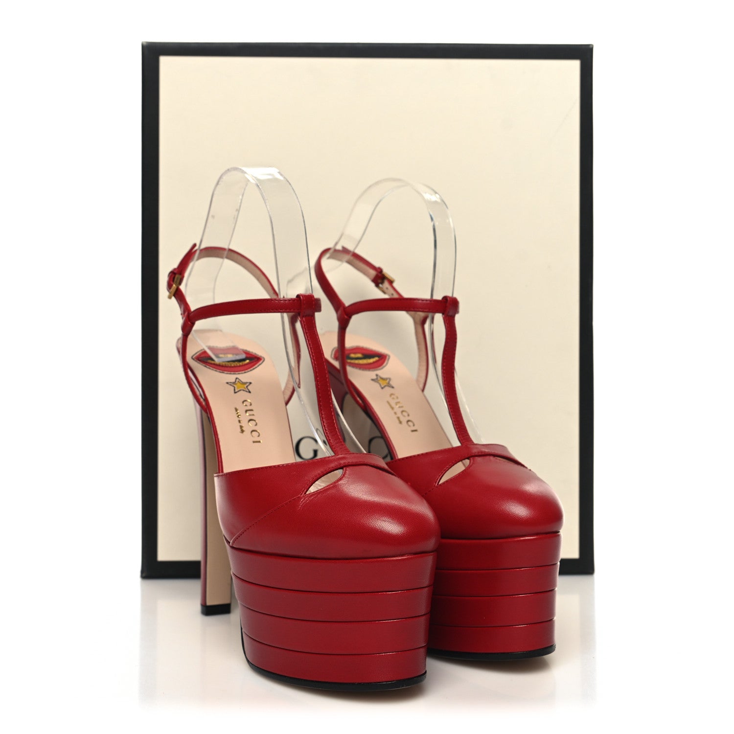 Gucci Malaga Kid Angel T-Strap Platform High Heel Pumps 38.5 Red 8 of 8