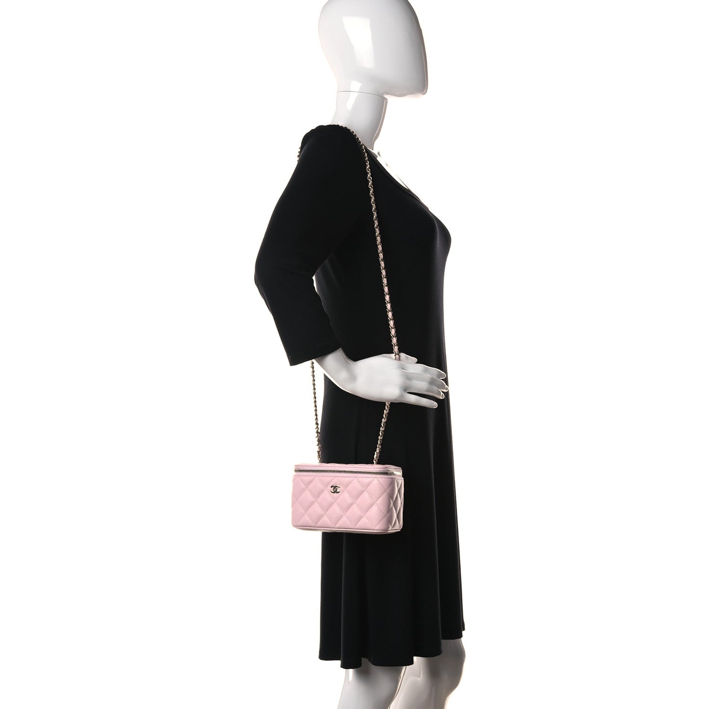 Caviar Quilted Small Vanity Case With Chain Light Pink
