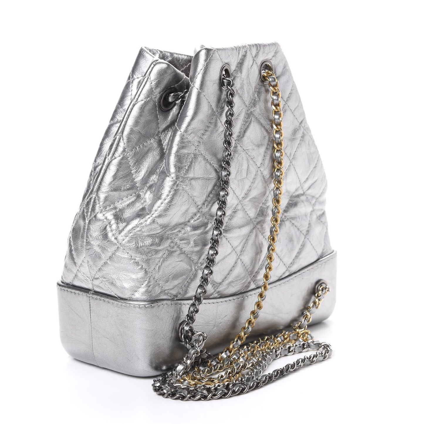 Metallic Crumpled Calfskin Quilted Gabrielle Backpack Silver