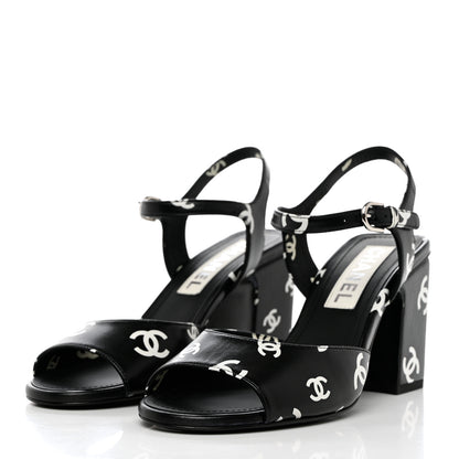 Chanel Printed Lambskin CC Sandals 37.5 Black White 3 of 9