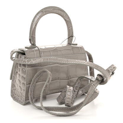 Balenciaga Shiny Calfskin Crocodile Embossed Hourglass Top Handle Bag Mini Steel Grey 3 of 11