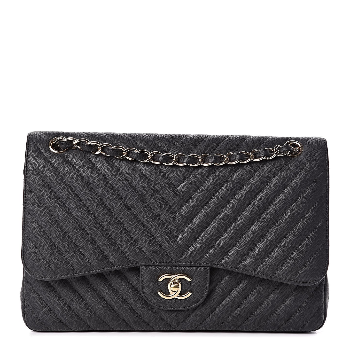 Caviar Chevron Quilted Jumbo Double Flap Black