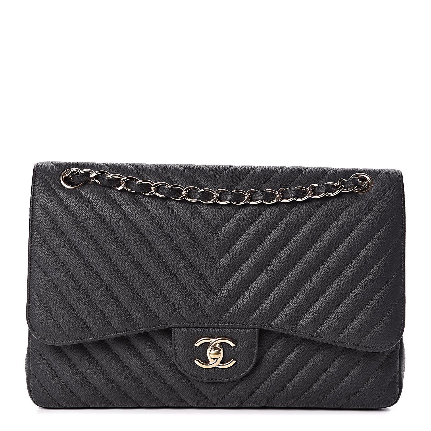 Chanel Caviar Chevron Quilted Jumbo Double Flap Black 1 of 15