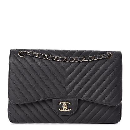 Chanel Caviar Chevron Quilted Jumbo Double Flap Black 1 of 15