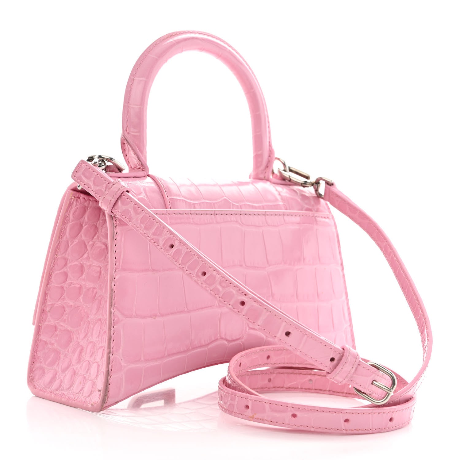 Balenciaga Shiny Calfskin Crocodile Embossed Hourglass Top Handle Bag XS Candy Pink 3 of 14