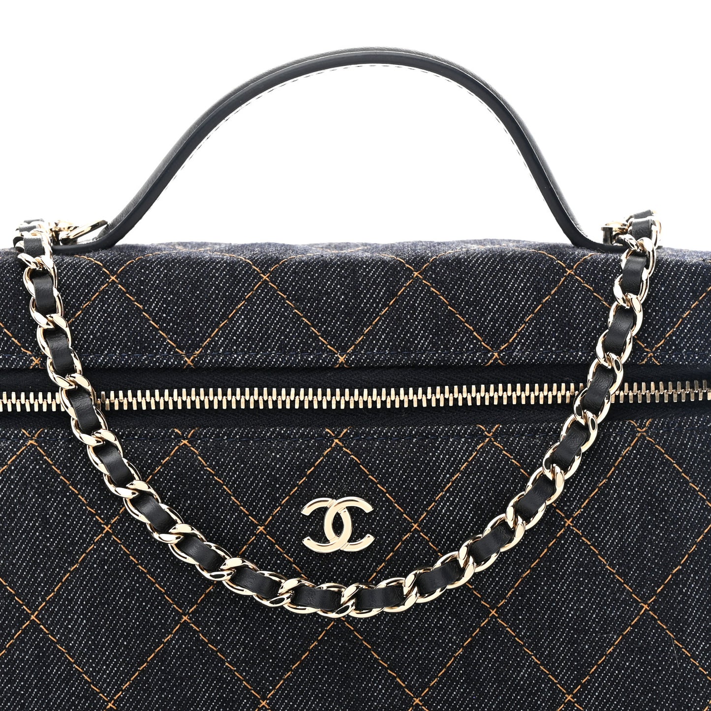 Denim Quilted Top Handle Slim Vanity Case With Chain Dark Blue Orange