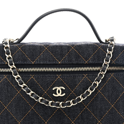 Chanel Denim Quilted Top Handle Slim Vanity Case With Chain Dark Blue Orange 8 of 11