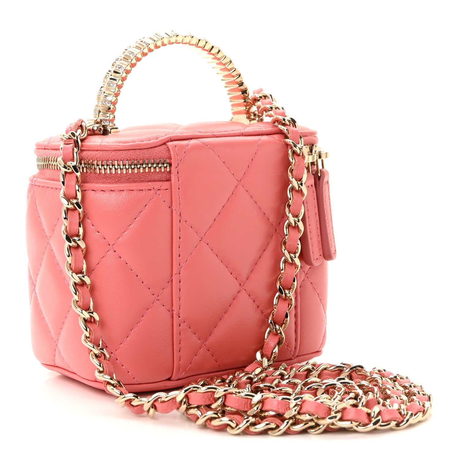 Chanel Lambskin Quilted Crystal Top Handle Mini Vanity Case With Chain Coral 3 of 10