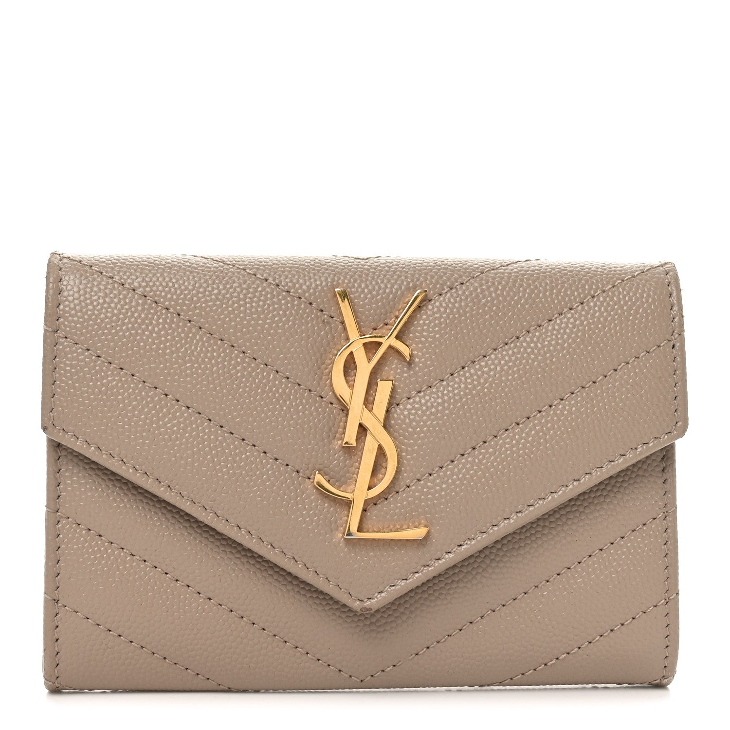Saint Laurent Grain De Poudre Matelasse Chevron Small Monogram Envelope Wallet Dark Beige 1 of 7