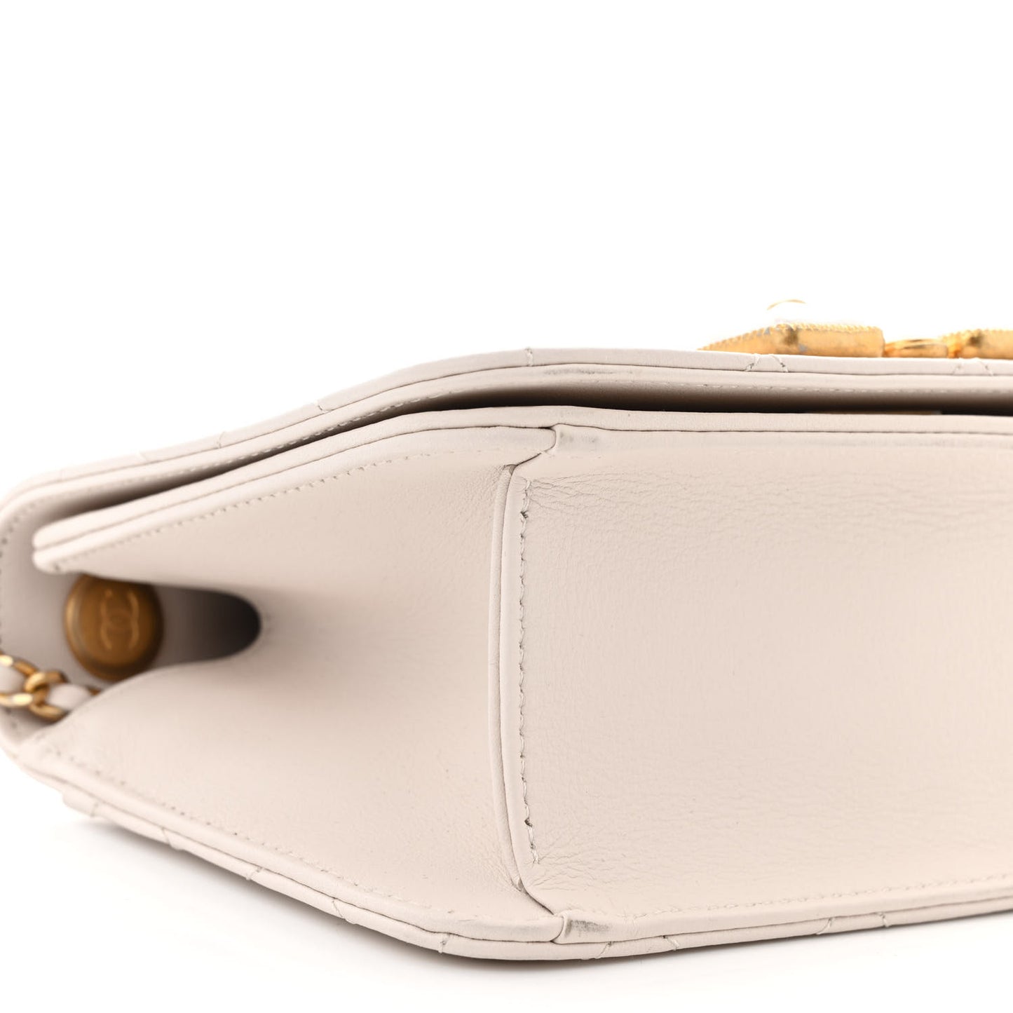 Calfskin Quilted Crystal Pearl Small Flap Bag White