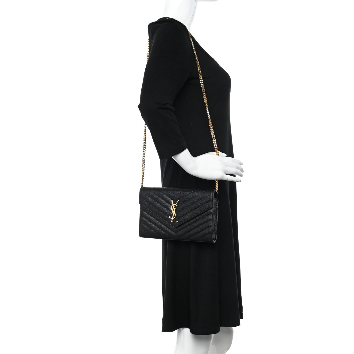 Saint Laurent Grain De Poudre Matelasse Chevron Monogram Chain Wallet Black 2 of 15
