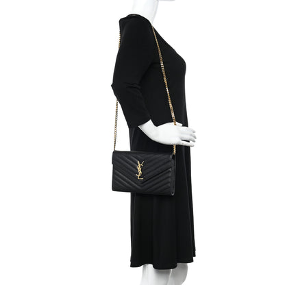 Saint Laurent Grain De Poudre Matelasse Chevron Monogram Chain Wallet Black 2 of 15