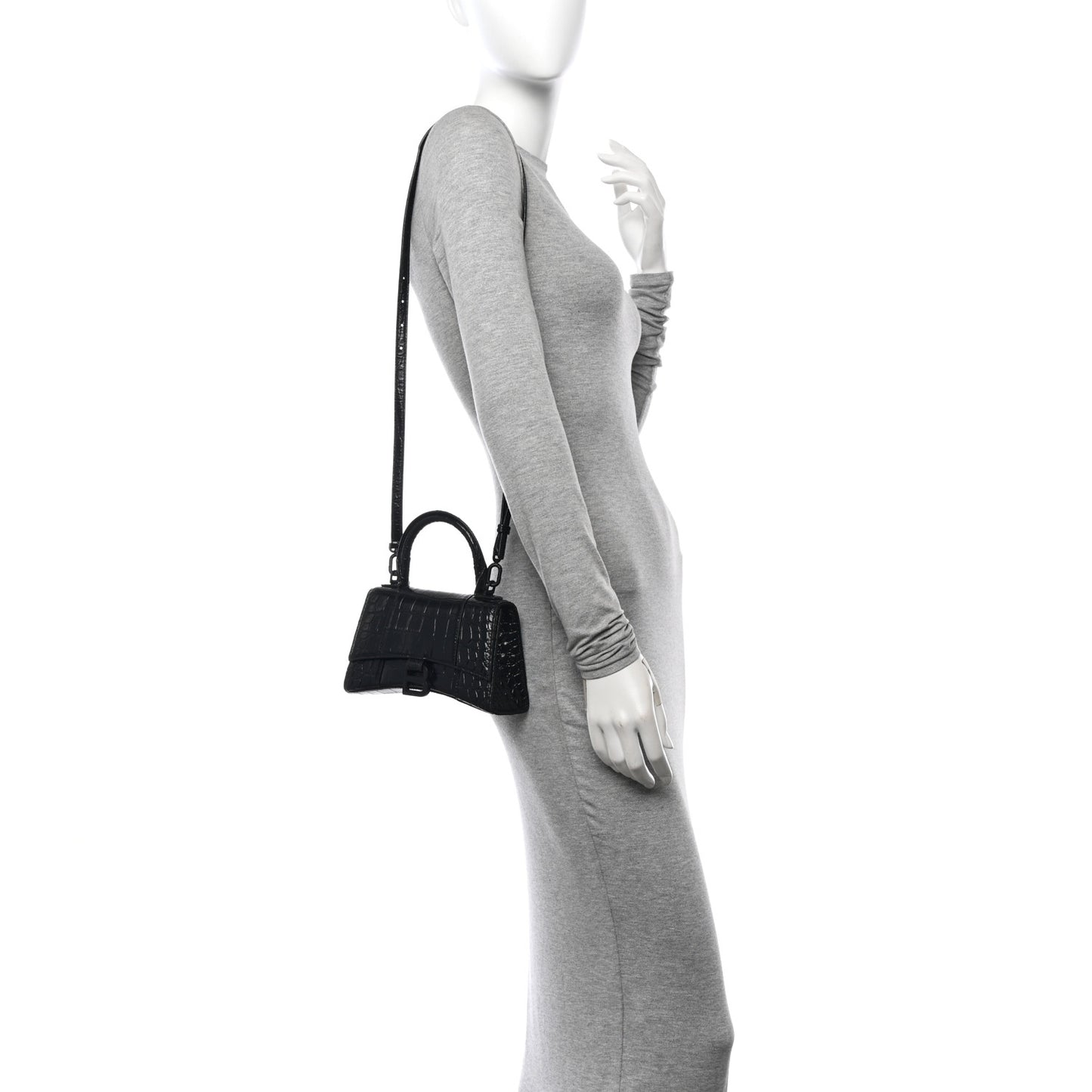 Shiny Calfskin Monochrome Crocodile Embossed Hourglass Top Handle Bag XS Black